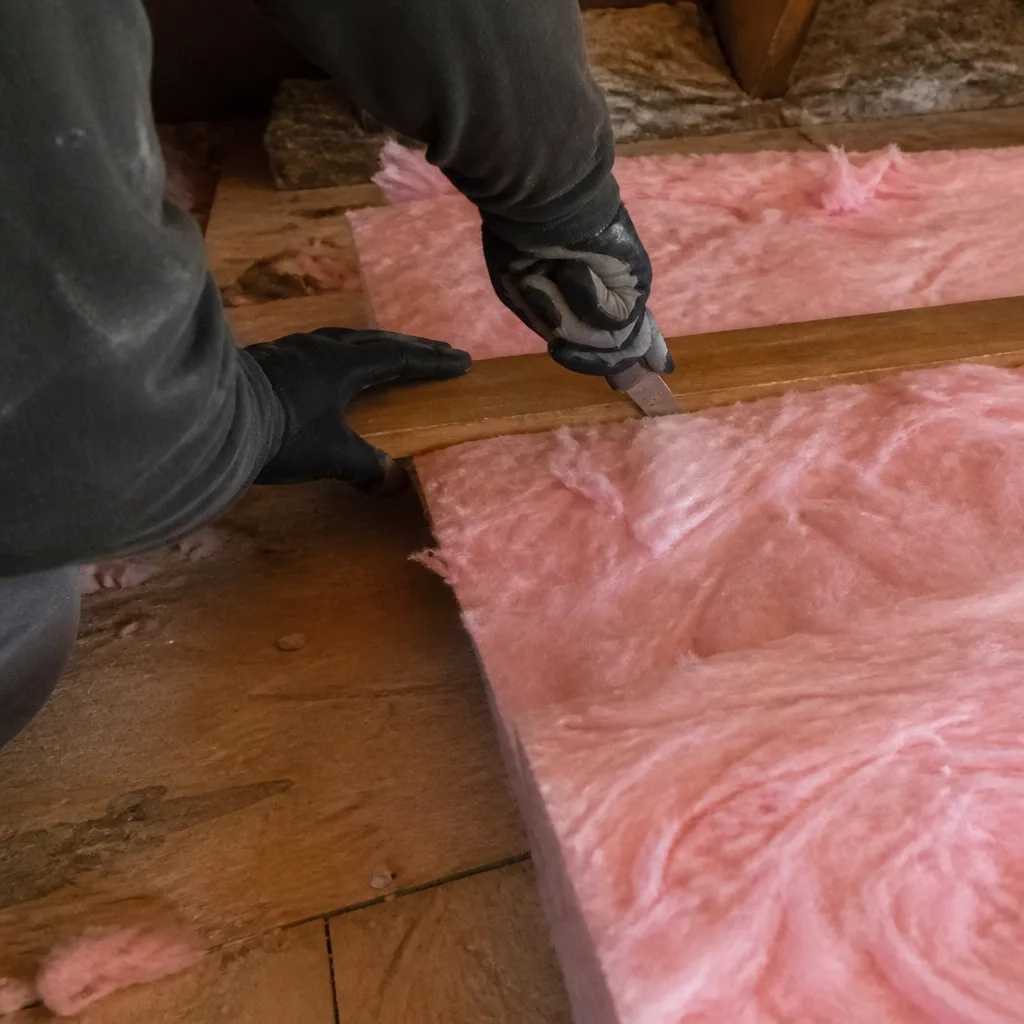 Professional cutting pink fiberglass insulation batts for attic installation