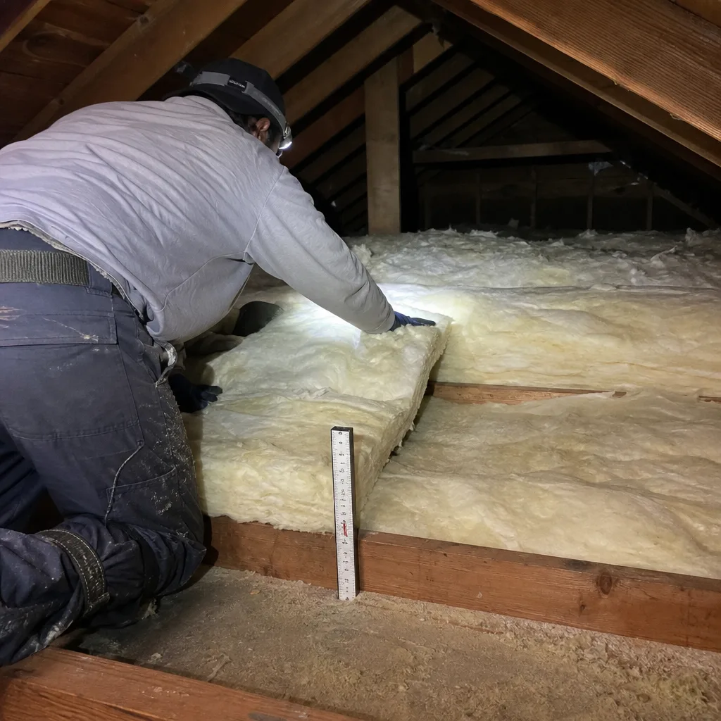 Technician installing fiberglass insulation batts in an attic