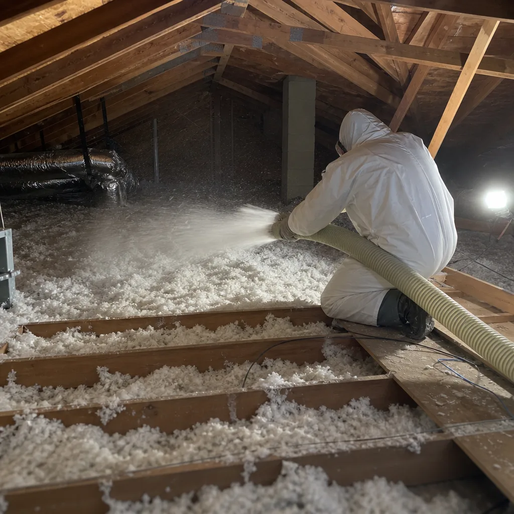 Technician in protective suit installing blown-in attic insulation
