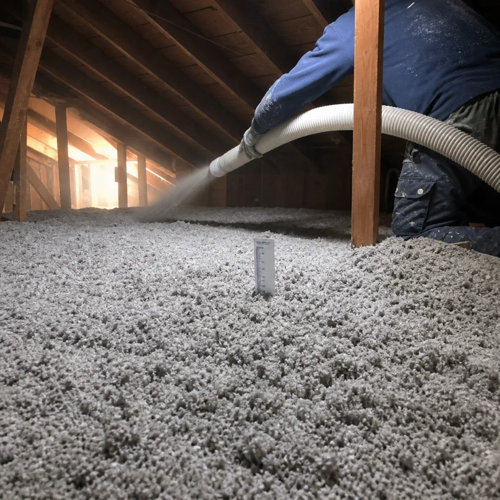Contractor installing blown-in attic insulation for home energy efficiency