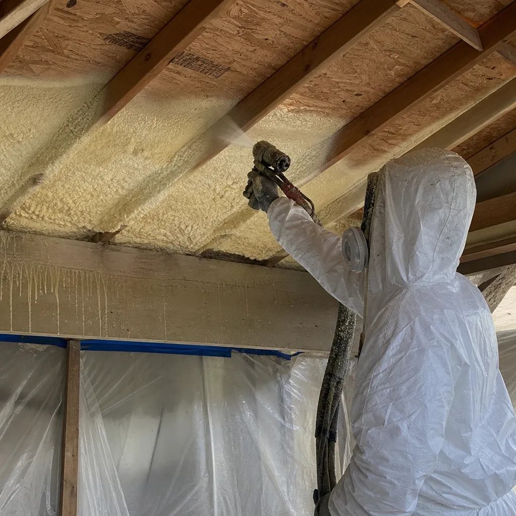 Technician applying spray foam insulation to an attic roof.