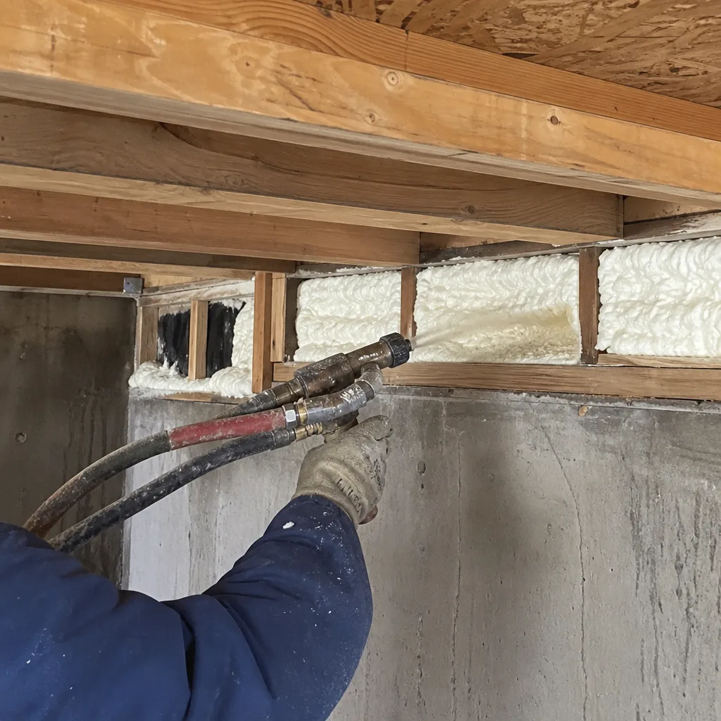 Worker applying spray foam insulation to basement rim joists