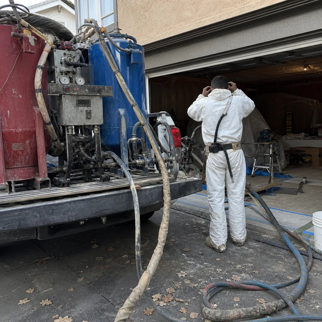 Technician preparing professional spray foam insulation equipment for residential installation